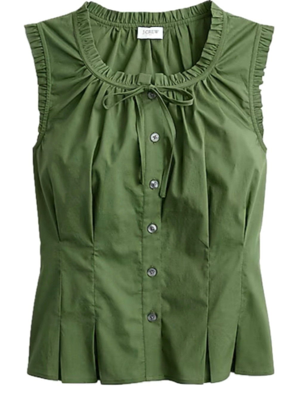 J. Crew Olive Green Sleeveless Ruffle Tie-Neck Blouse - Picture 2 of 7